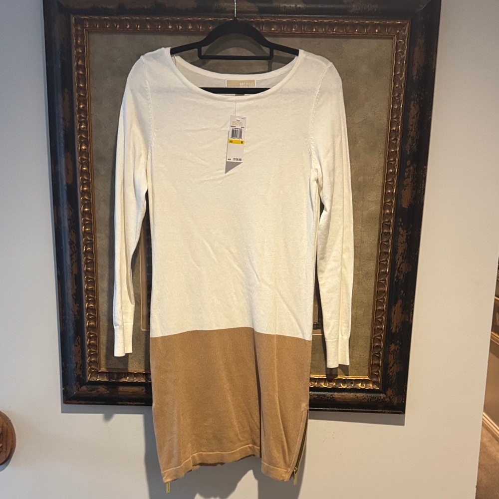 NWT Michael Kors Colorblock Off White & Tan Dress w/ Gold Side Zippers